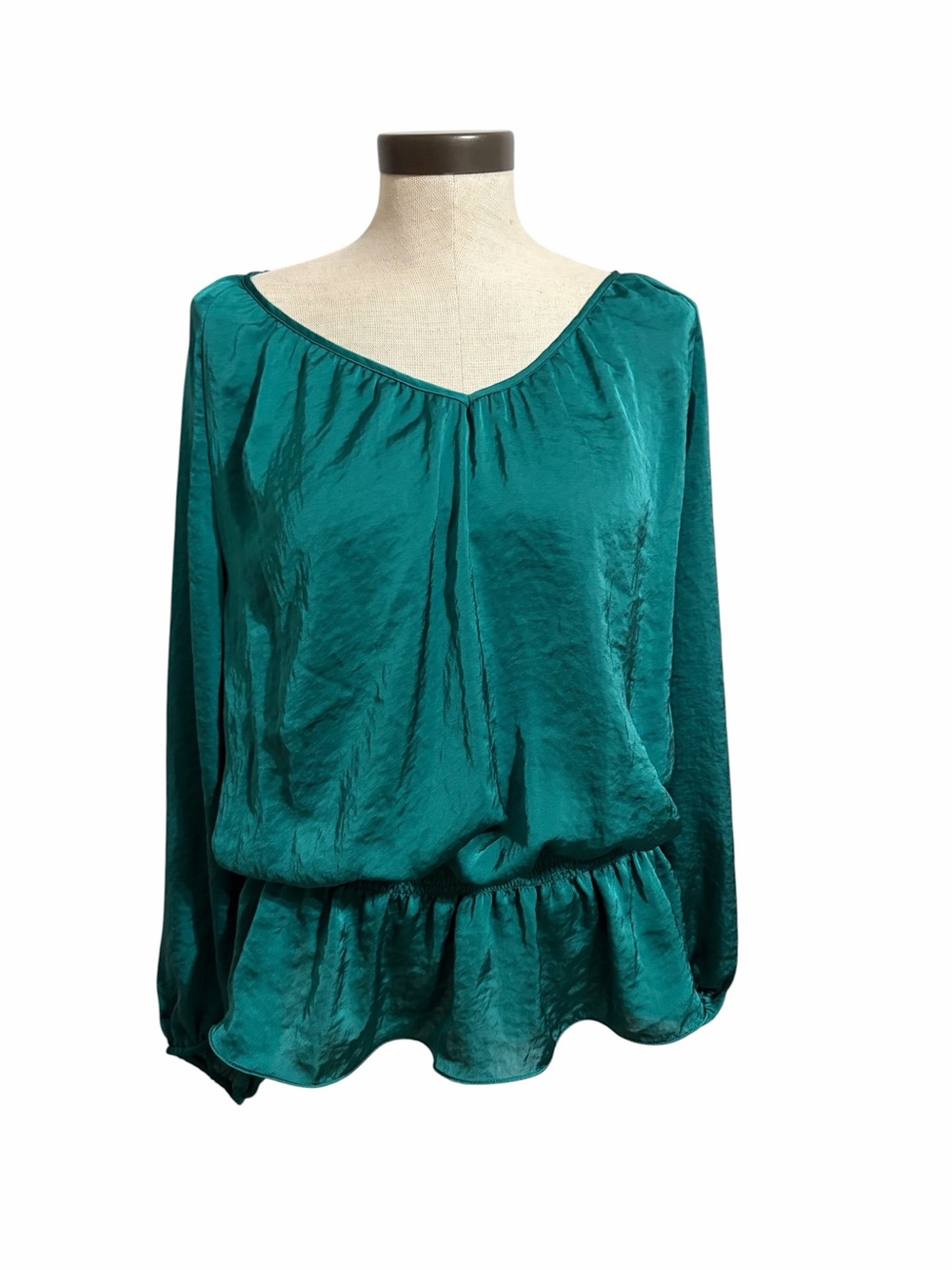 Michael Kors Emerald Satin Peplum Blouse Long Sleeve Peasant Smocked Waist SZ 2X